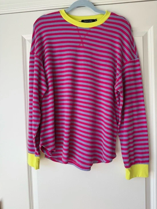 Sweater top, Pink & Purple Striped with Yellow Trim, SOFT with Stretch, Size XL - Picture 3 of 10